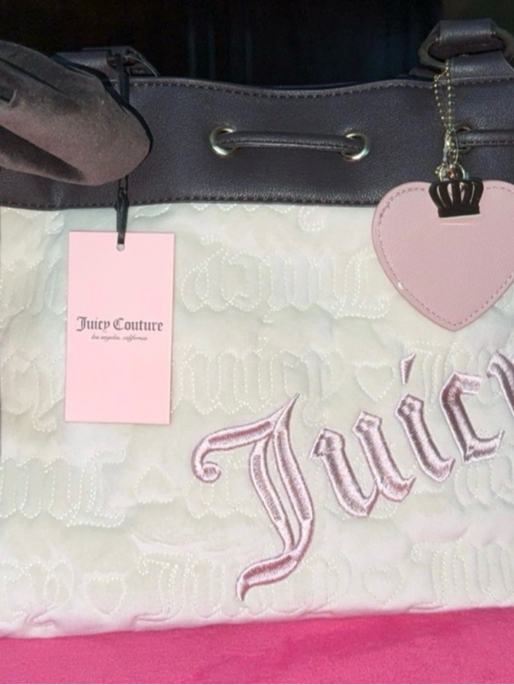 Juicy Couture White Quilted Tote with Pink Accents and Heart Charm